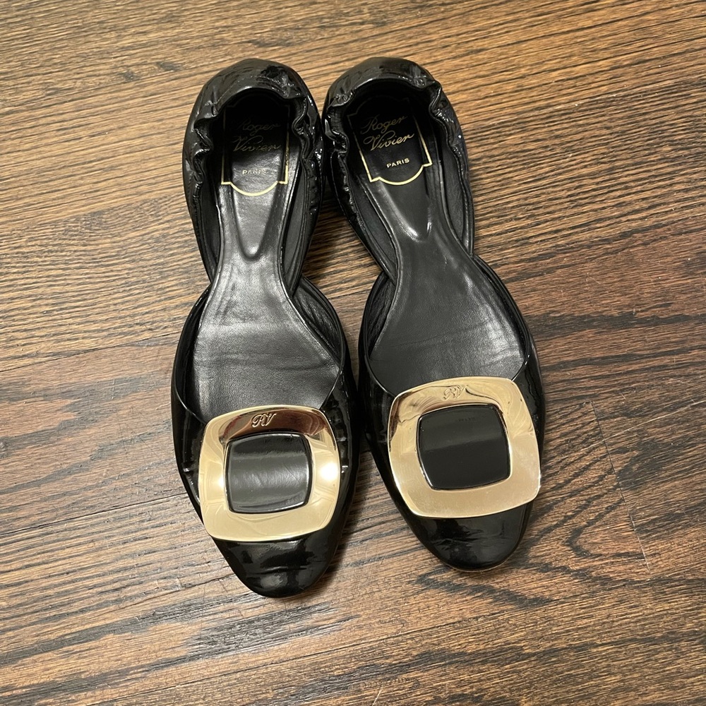 Roger Vivier Black Flats with Gold Buckle
